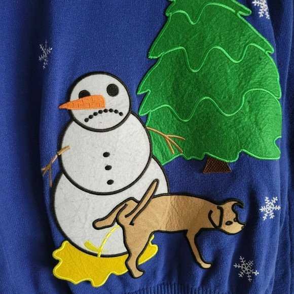 Alex Stevens Ugly Sweater Mens S Blue Dog Peeing on Snowman Christmas Party - Picture 2 of 7